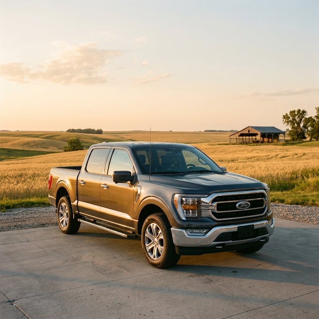 A late-model Ford F-150 pickup truck in a metallic gray finish is parked at a three-quarter angle on a clean concrete pavement apron outside a modern dealership showroom in central Kansas. The contemporary dealership facade features floor-to-ceiling glass panel windows reflecting the soft golden hour sky. In the background, open, flat Midwestern agricultural plains stretch under a clear late-summer atmosphere. The composition is a wide eye-level shot capturing the full profile and bold front fascia of the pickup truck. Warm, low-angled sunlight casts long, soft shadows and highlights the vehicle's body contours, delivering a clean commercial automotive visual without text, logos, or license plates. (Representative image for illustration purposes only. Actual vehicle may vary based on trim and configuration.)