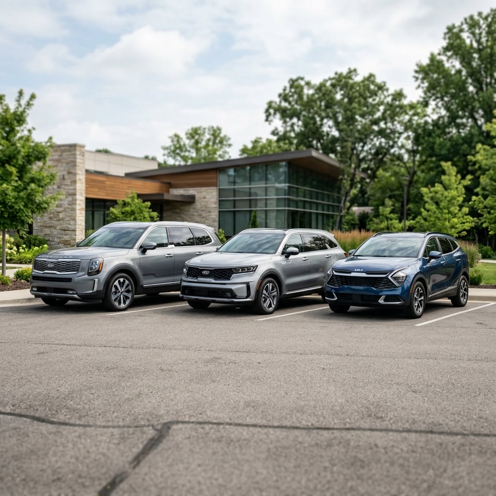 Kia Telluride, Sorento, and Sportage lineup at Valley Hi Kia. (Representative image for illustration purposes only. Actual vehicle may vary based on trim and configuration.)