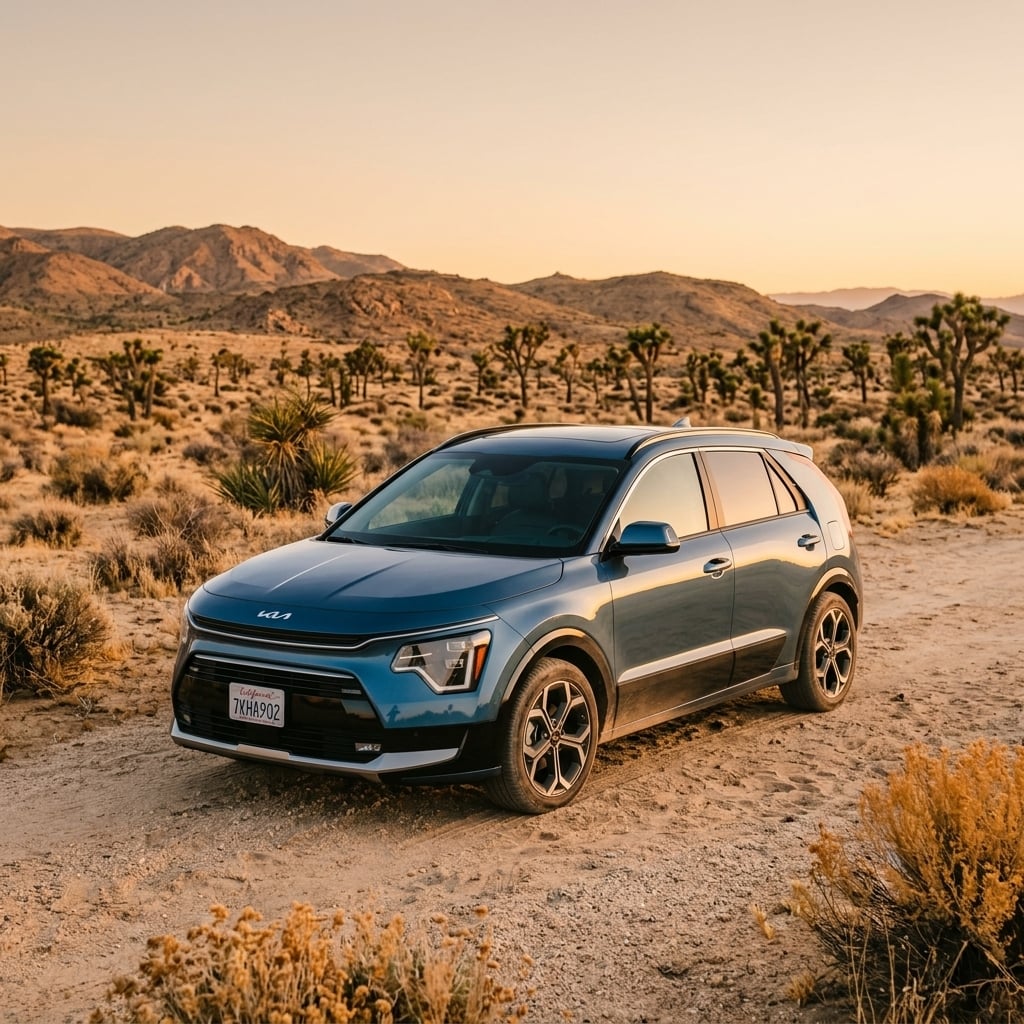 A front three-quarter view of a sleek 2026 Kia Niro Hybrid parked along the paved shoulder of a scenic high desert road in Southern California during late afternoon golden hour. The low sun casts a warm amber light across the crossover's aerodynamic body panels and distinctive LED headlight accent lines. Sparse desert shrubs, subtle Joshua tree silhouettes, and gently rolling desert hills are visible in the background under a soft horizon sky. The eye-level, rule-of-thirds camera composition showcases the vehicle's modern design and compact efficiency against the open high-desert terrain, capturing a clean, lifestyle photographic aesthetic. (Representative image for illustration purposes only. Actual vehicle may vary based on trim and configuration.)