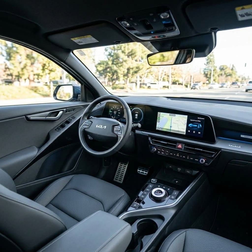 A crisp, detailed interior photography shot of the 2026 Kia Niro Hybrid front cabin, highlighting the sleek dashboard layout, dual panoramic digital displays, modern steering wheel, and clean center console with a rotary shift dial. Bright natural daylight fills the cabin through the front windshield, softly illuminating the textured black and matte gray materials. Subtle blue graphic accents glow on the central infotainment display. The eye-level perspective looks across from the passenger side toward the driver cockpit, emphasizing the clean ergonomics, integrated air vents, and high-tech minimalist cabin styling. (Representative image for illustration purposes only. Actual vehicle may vary based on trim and configuration.)
