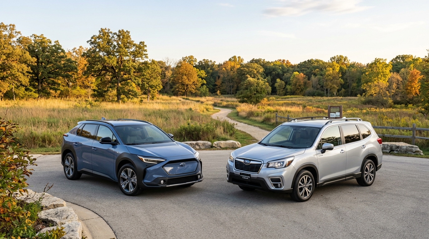 A blue Subaru Solterra electric SUV and a silver Subaru Forester parked side by side outdoors in autumn. (Representative image for illustration purposes only. Actual vehicle may vary based on trim and configuration.)