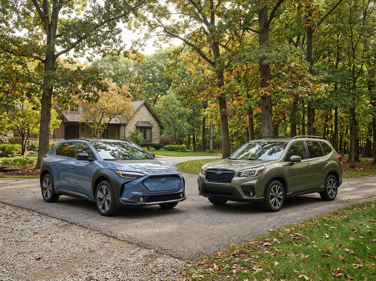 A blue Subaru Solterra EV and an olive green Subaru Forester SUV parked side-by-side on a wooded driveway. (Representative image for illustration purposes only. Actual vehicle may vary based on trim and configuration.)