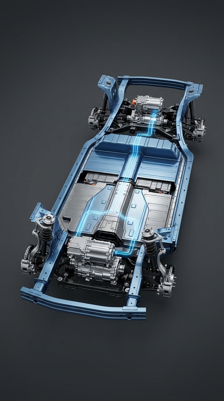 3D rendering of an electric vehicle chassis showing dual motors, battery pack, suspension, and blue energy flow lines. (Representative image for illustration purposes only. Actual vehicle may vary based on trim and configuration.)