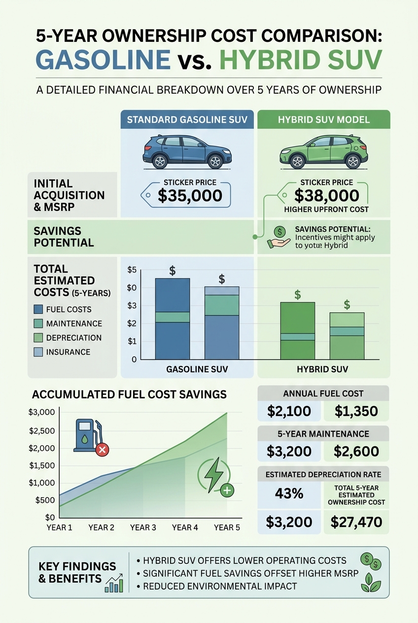 Infographic comparing 5-year ownership costs between a standard gasoline SUV and a hybrid SUV. (Representative image for illustration purposes only. Actual vehicle may vary based on trim and configuration.)