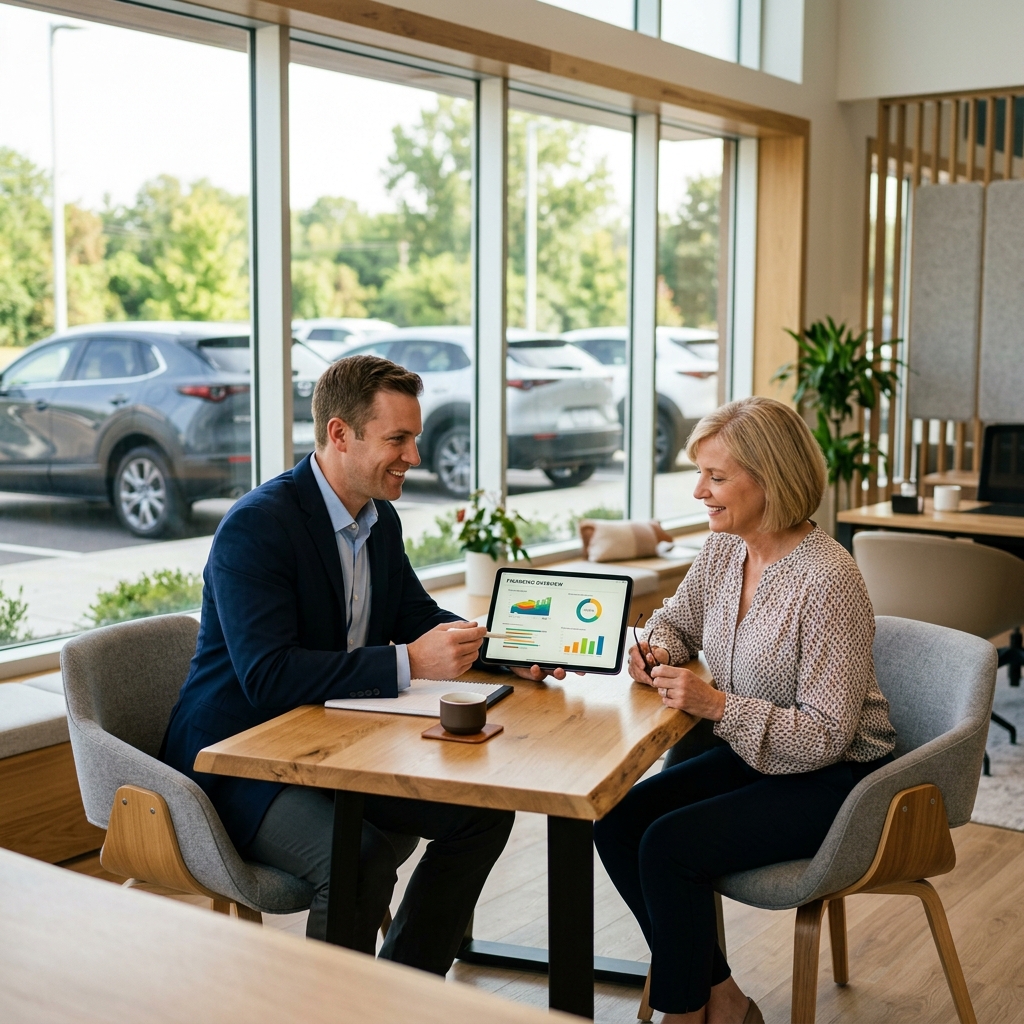 A male advisor presenting financial charts on a tablet to a smiling woman sitting across a wooden table. (Representative image for illustration purposes only. Actual vehicle may vary based on trim and configuration.)