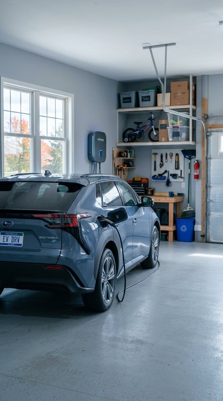 A commercial photography shot of a sleek Level 2 home EV charging station mounted neatly on a finished light gray wall inside a clean, well-organized suburban residential garage. A modern metallic blue electric SUV is parked beside it, with the ergonomic charging cable plugged securely into its charging port. The subtle LED status indicator on the wall charger emits a soft blue glow against the neatly painted drywall. Organized storage shelving and a clean concrete floor frame the practical Midwestern home setup, while warm ambient interior light blends with natural daylight filtering through a garage side window. (Representative image for illustration purposes only. Actual vehicle may vary based on trim and configuration.)