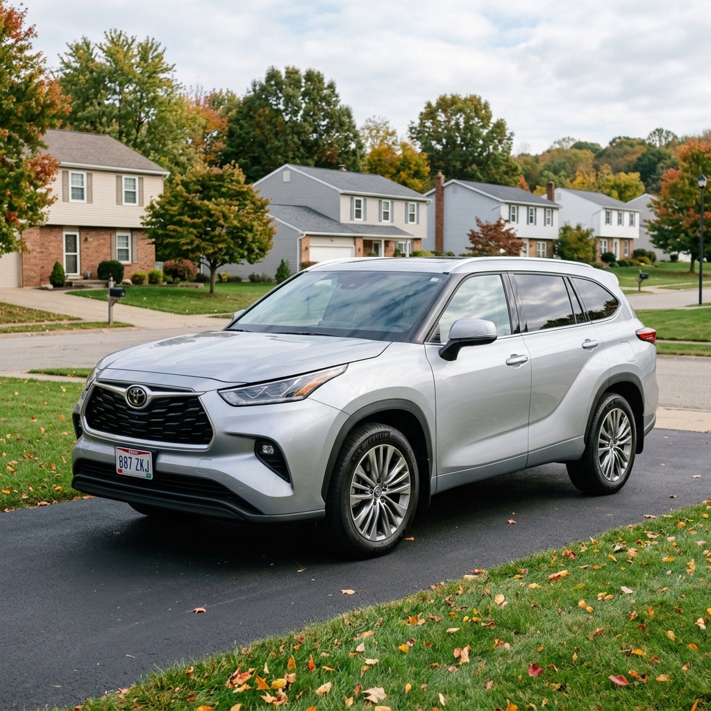 A silver Toyota Highlander SUV parked on an asphalt driveway surrounded by suburban houses and autumn foliage. (Representative image for illustration purposes only. Actual vehicle may vary based on trim and configuration.)