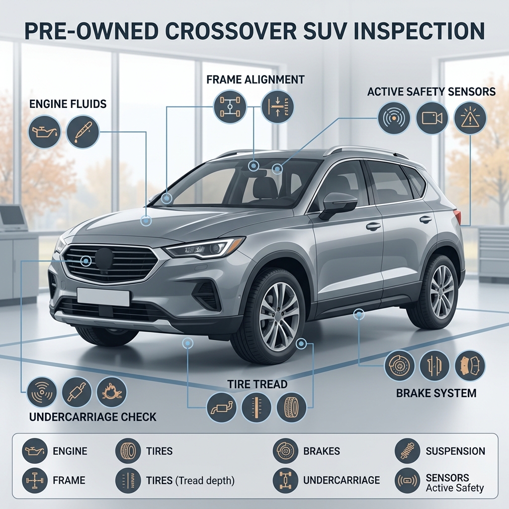 Infographic showing key inspection areas on a pre-owned silver crossover SUV, including brakes, tires, engine, and sensors. (Representative image for illustration purposes only. Actual vehicle may vary based on trim and configuration.)