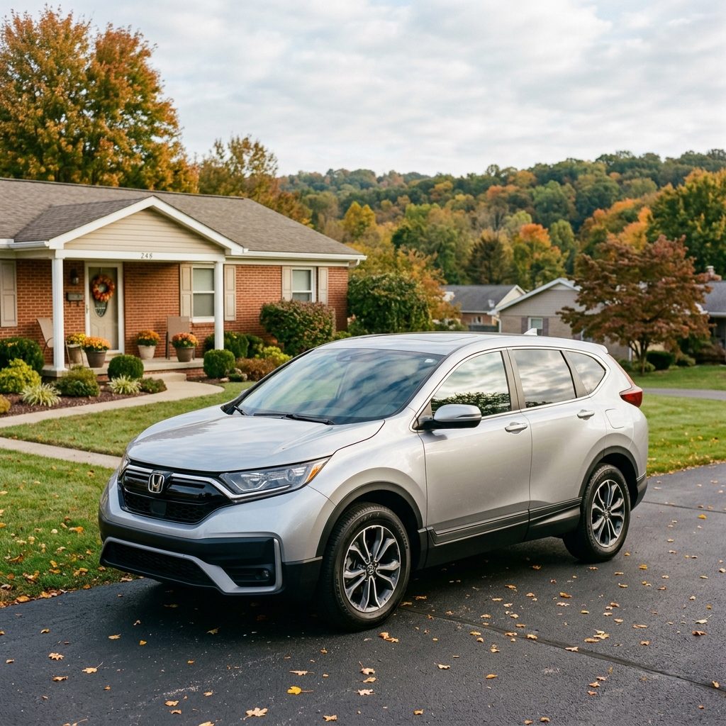 Silver Honda CR-V SUV parked on an asphalt driveway in front of a brick house in autumn. (Representative image for illustration purposes only. Actual vehicle may vary based on trim and configuration.)