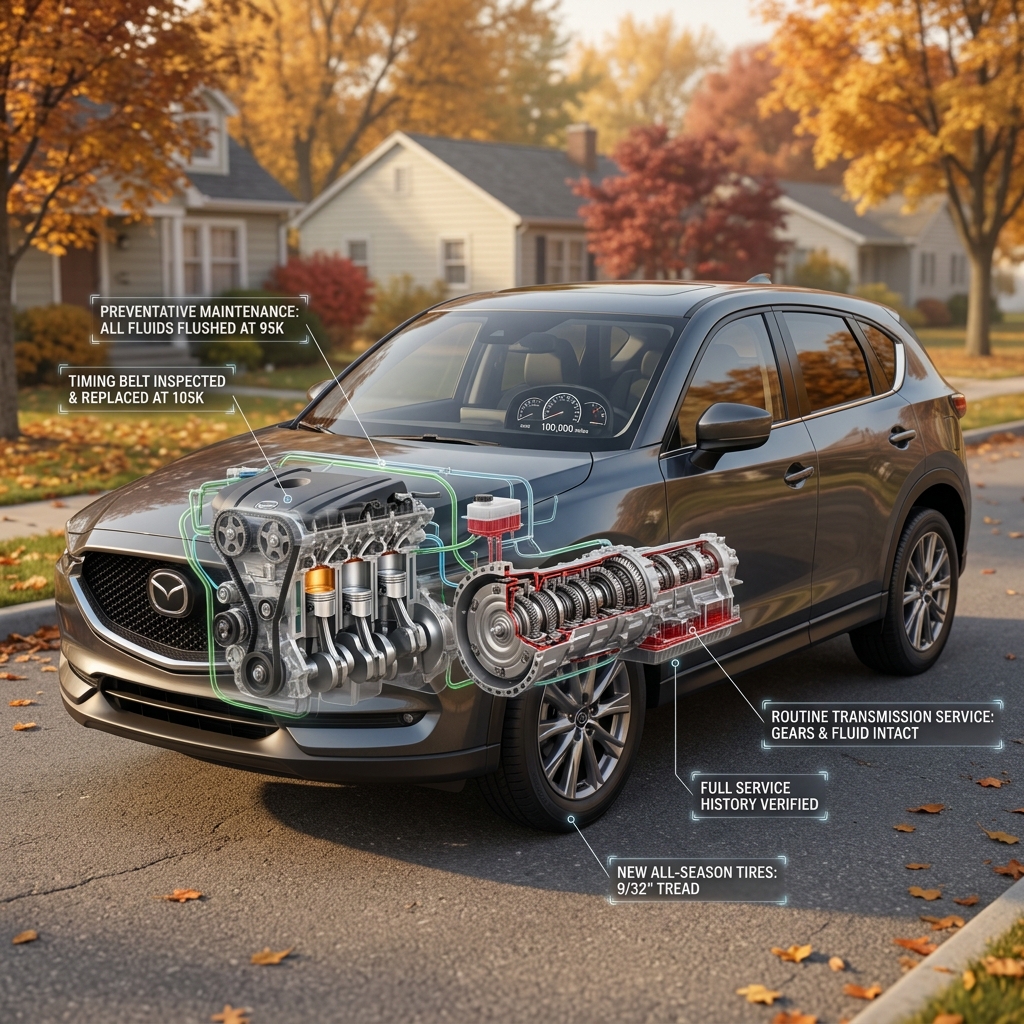 Digital diagram of a grey Mazda SUV with an internal engine cutaway showing maintenance history text labels. (Representative image for illustration purposes only. Actual vehicle may vary based on trim and configuration.)