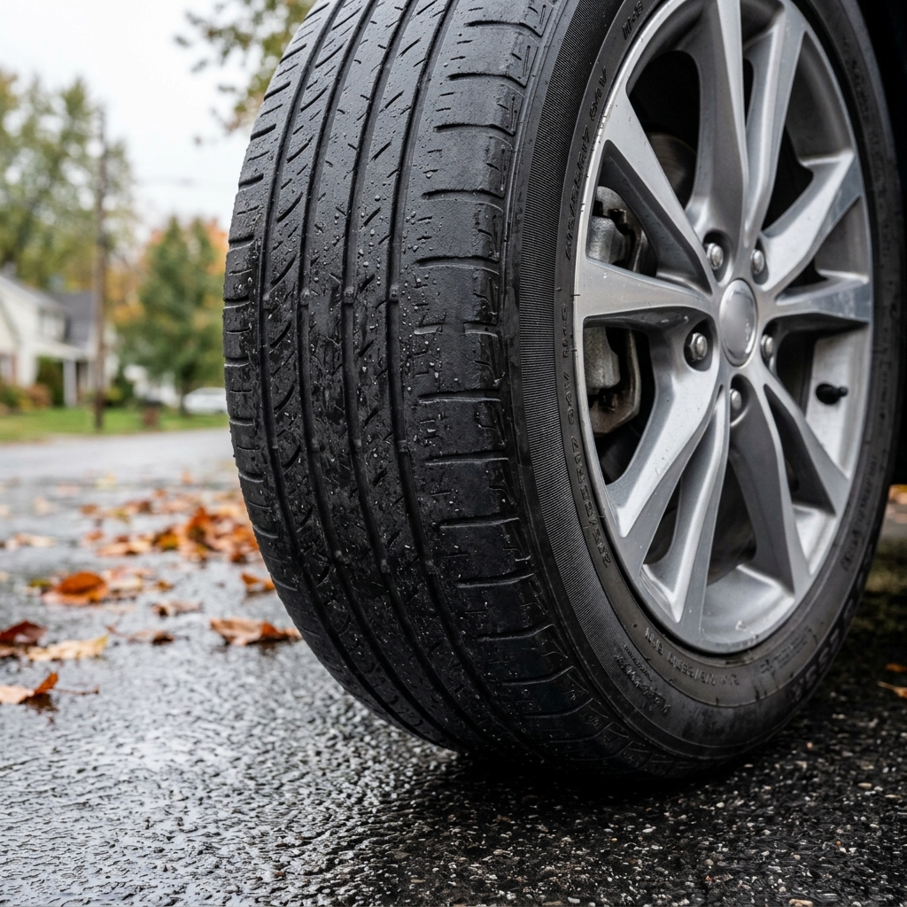 Close-up of a wet car tire tread on an asphalt road with scattered autumn leaves. (Representative image for illustration purposes only. Actual vehicle may vary based on trim and configuration.)