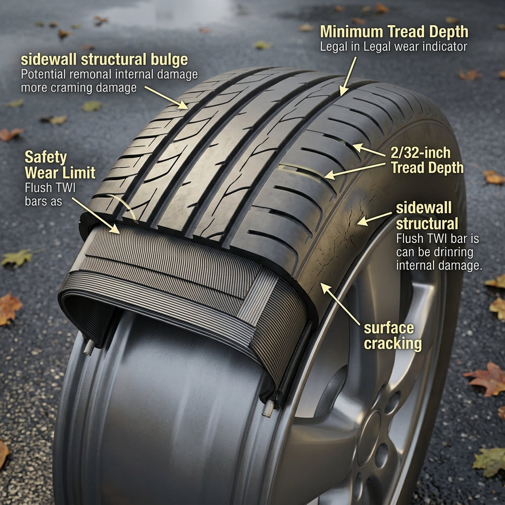 3D cross-section diagram of a car tire displaying tread depth indicators, sidewall bulges, and surface cracking. (Representative image for illustration purposes only. Actual vehicle may vary based on trim and configuration.)
