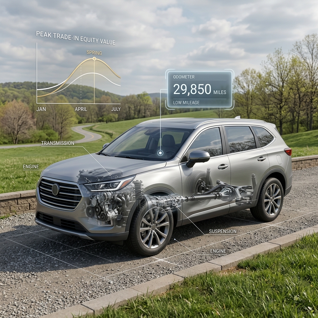 Cutaway view of a silver SUV showing engine and suspension mechanics alongside trade-in equity and mileage graphics. (Representative image for illustration purposes only. Actual vehicle may vary based on trim and configuration.)