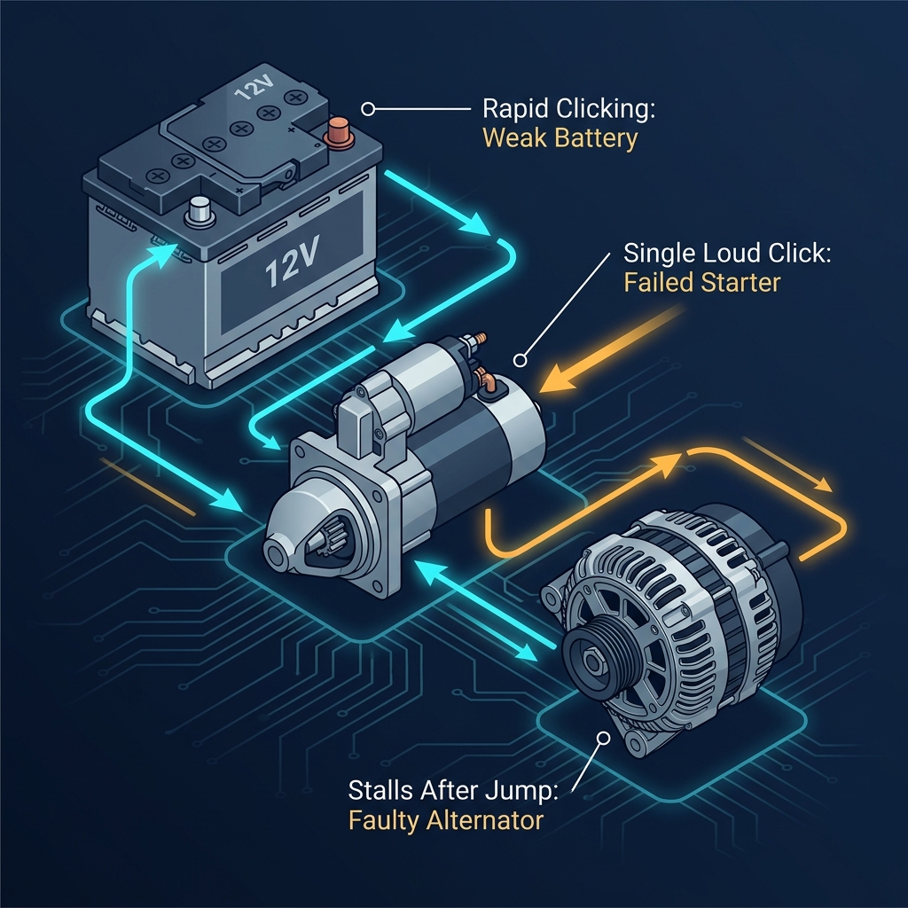 Isometric diagram showing car battery, starter motor, and alternator with diagnostic symptoms for each component. (Representative image for illustration purposes only. Actual vehicle may vary based on trim and configuration.)
