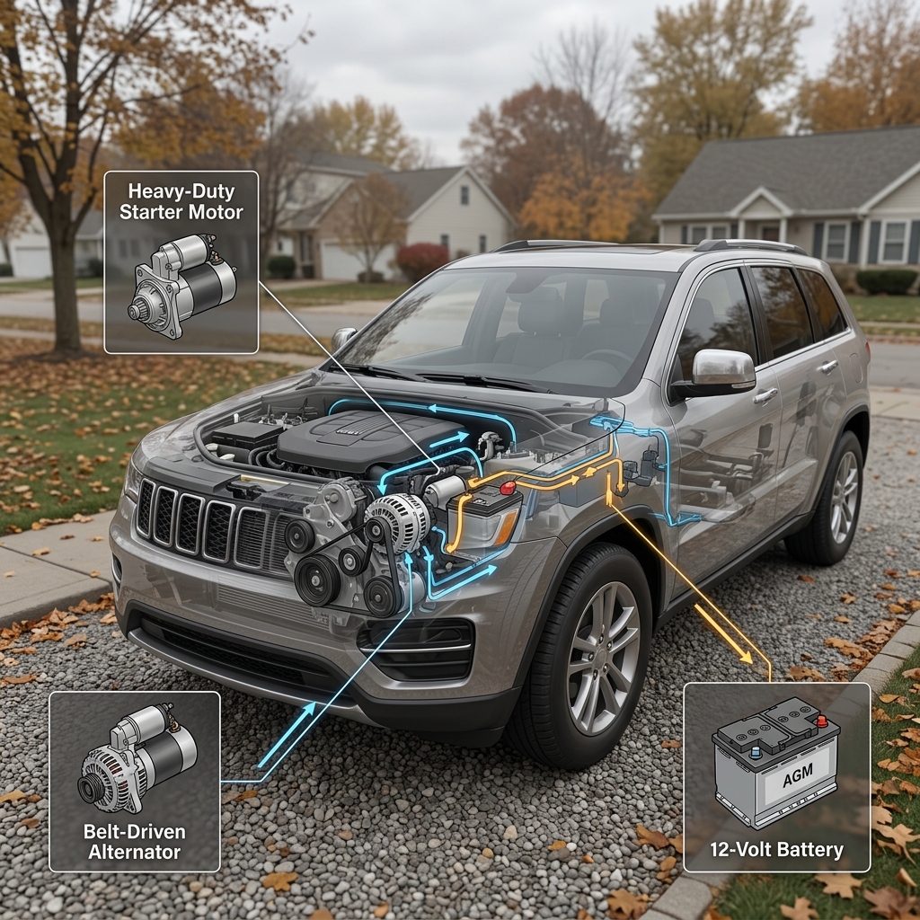 Cutaway illustration of an SUV showing the heavy-duty starter motor, belt-driven alternator, and 12-volt AGM battery. (Representative image for illustration purposes only. Actual vehicle may vary based on trim and configuration.)