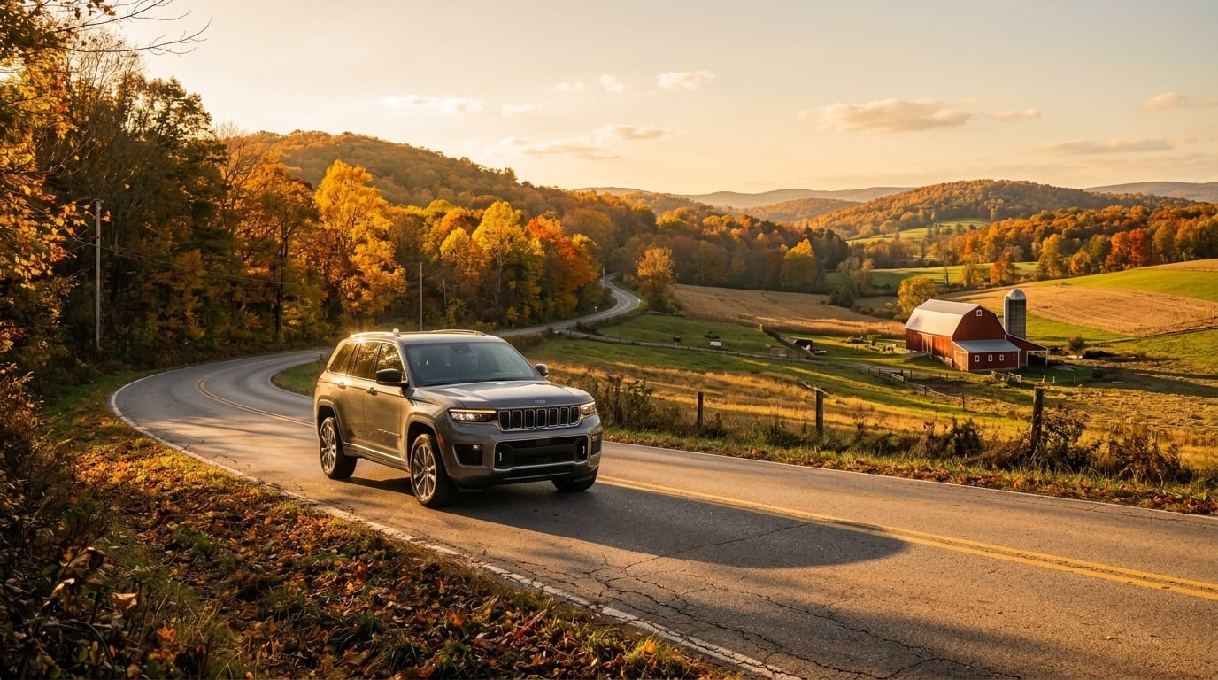 A wide-shot cinematic photo of a modern 2026 dark gray Jeep Grand Cherokee 4x4 pickup driving along a scenic two-lane asphalt rural road in Central Pennsylvania during late autumn, golden hour sunlight backlighting colorful yellow and orange foliage on rolling hills, long soft shadows stretching acr