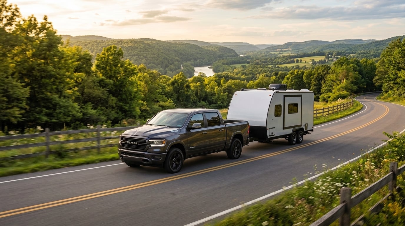 A high-resolution commercial photograph of a clean, dark charcoal gray pre-owned 2024 Ram 1500 crew cab pickup truck driving along a scenic two-lane paved road in the rolling river valley landscape of Danville, Pennsylvania. The truck is captured in a dynamic three-quarters tracking shot, towing a m