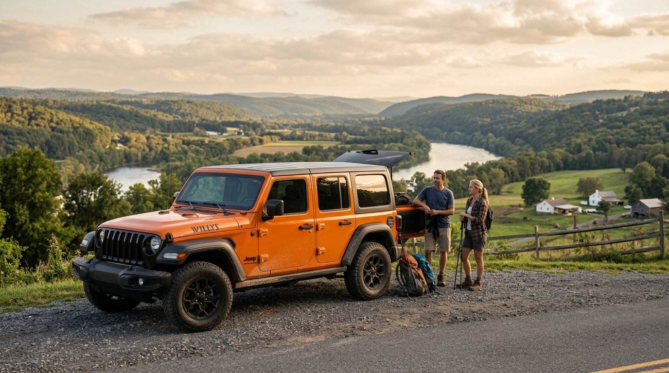 An orange Jeep Wrangler parked on a gravel overlook with hikers beside a scenic river valley. (Representative image for illustration purposes only. Actual vehicle may vary based on trim and configuration.)