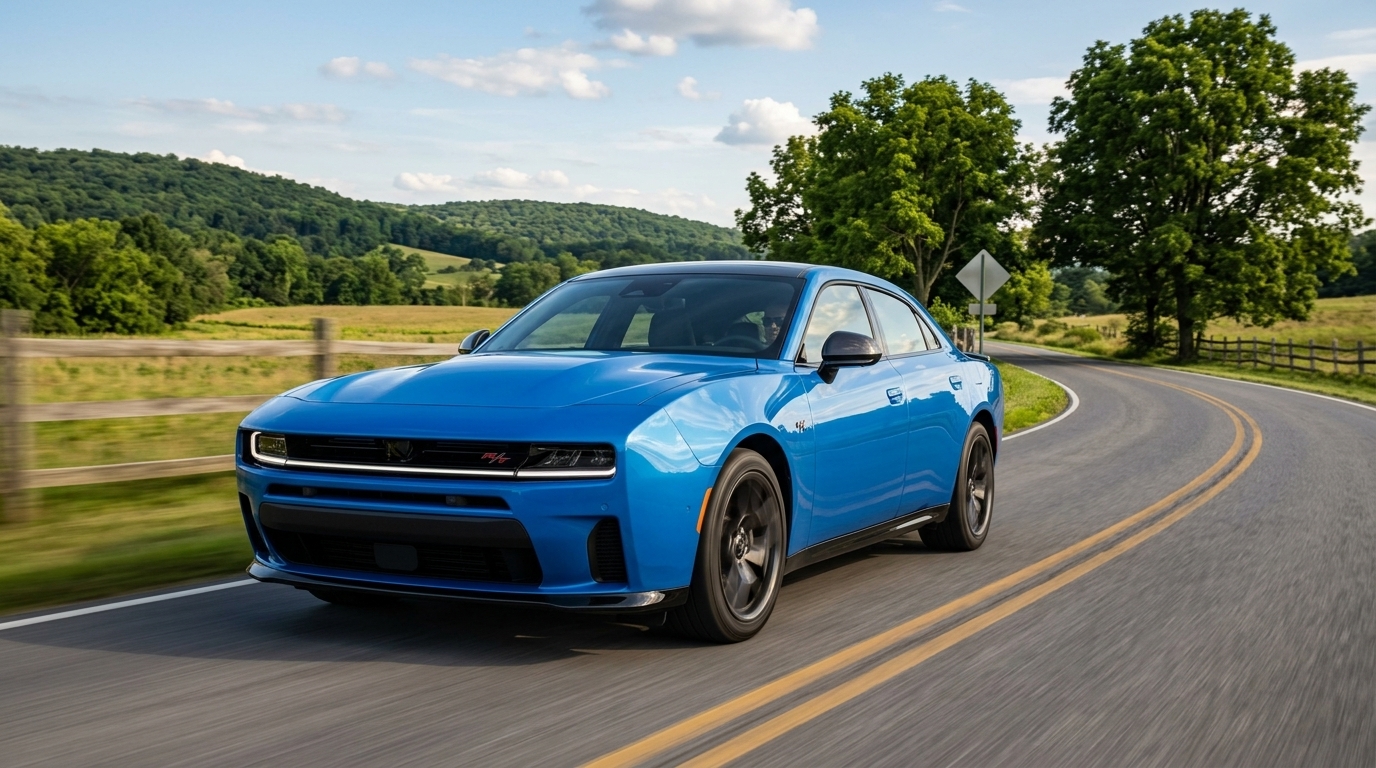 A bright blue modern Dodge Charger driving along a curving two-lane rural road surrounded by green countryside. (Representative image for illustration purposes only. Actual vehicle may vary based on trim and configuration.)