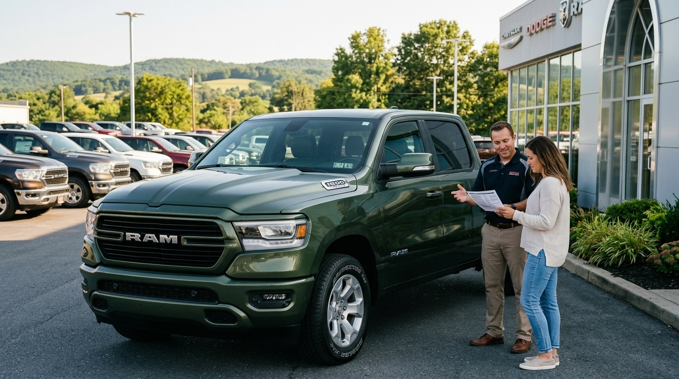 A car salesman showing paperwork to a female customer in front of a green Ram 1500 pickup truck at a dealership lot. (Representative image for illustration purposes only. Actual vehicle may vary based on trim and configuration.)