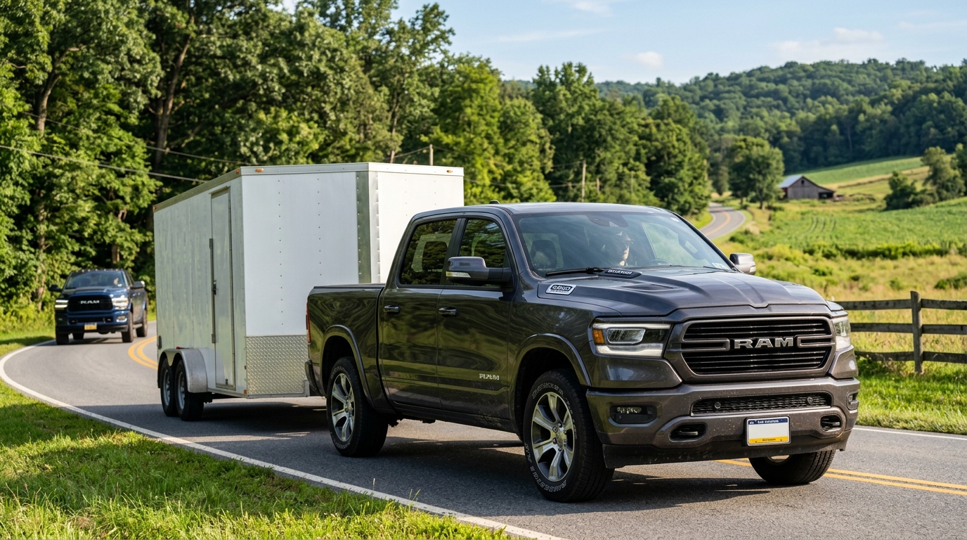 A dark grey Ram pickup truck towing a white enclosed trailer along a winding rural road. (Representative image for illustration purposes only. Actual vehicle may vary based on trim and configuration.)