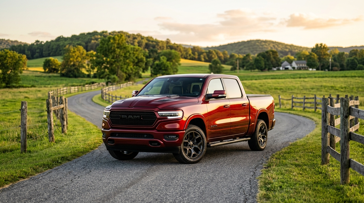 A red Ram pickup truck parked on a winding country road framed by wooden fences and rolling green hills. (Representative image for illustration purposes only. Actual vehicle may vary based on trim and configuration.)