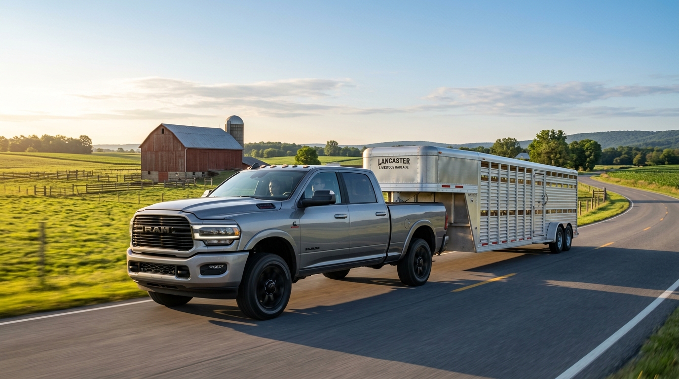 Silver RAM pickup truck towing a large aluminum livestock trailer down a countryside road near a red barn. (Representative image for illustration purposes only. Actual vehicle may vary based on trim and configuration.)