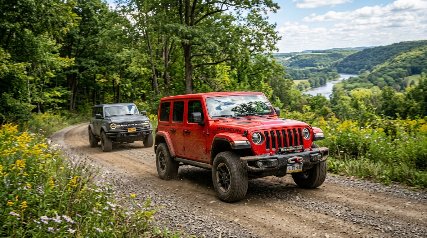 A red Jeep Rubicon and grey Ford Bronco driving along a dirt mountain road surrounded by trees and a river valley. (Representative image for illustration purposes only. Actual vehicle may vary based on trim and configuration.)