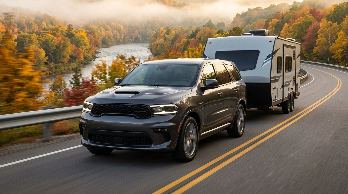 A dark gray Dodge Durango SUV towing a travel trailer along a scenic winding road surrounded by autumn trees. (Representative image for illustration purposes only. Actual vehicle may vary based on trim and configuration.)