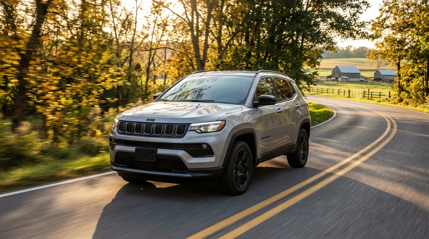 Silver Jeep SUV driving along a winding country road during a sunny autumn afternoon. (Representative image for illustration purposes only. Actual vehicle may vary based on trim and configuration.)