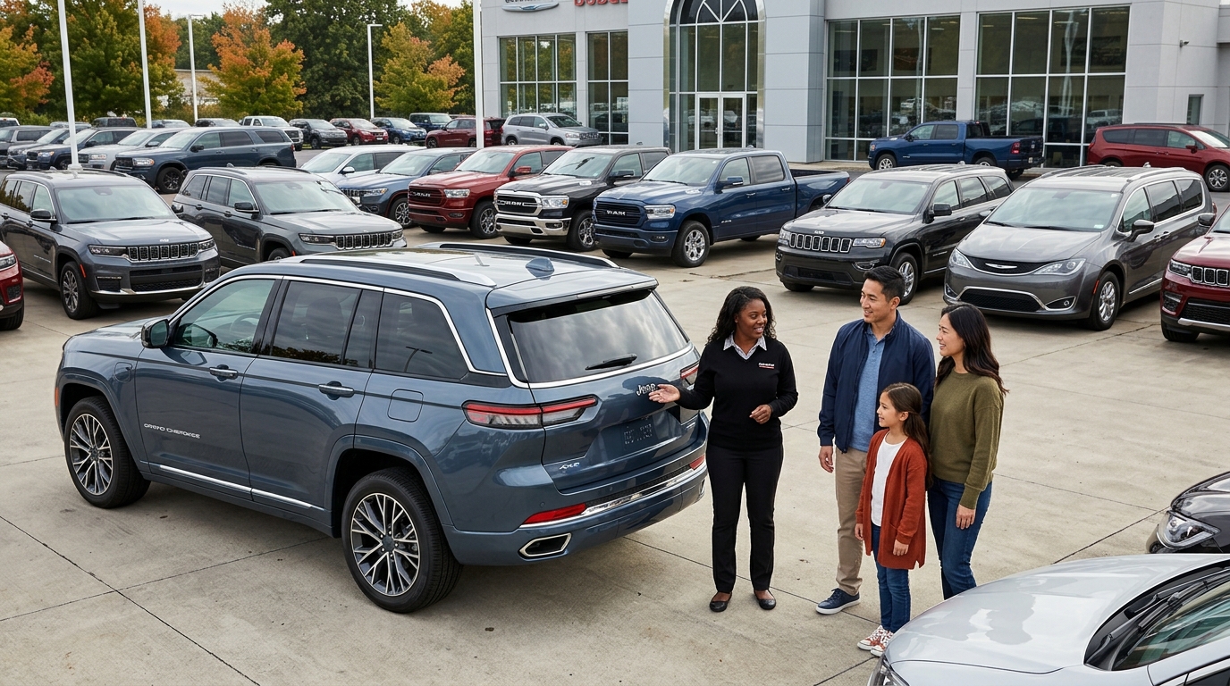 A car dealership representative shows a blue Jeep Grand Cherokee SUV to a family of three outdoors on the lot. (Representative image for illustration purposes only. Actual vehicle may vary based on trim and configuration.)