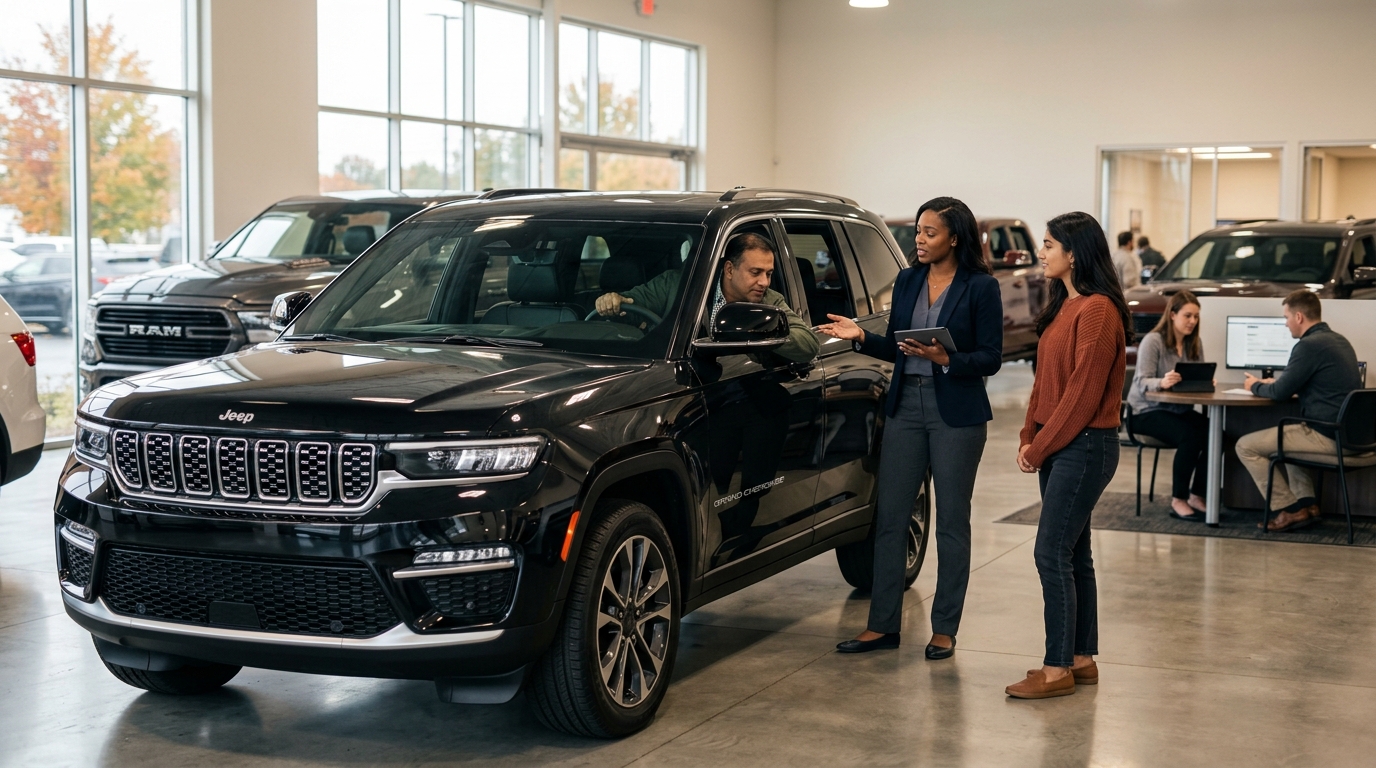 A sales consultant talks to a couple shopping for a black Jeep SUV inside a bright car dealership showroom. (Representative image for illustration purposes only. Actual vehicle may vary based on trim and configuration.)