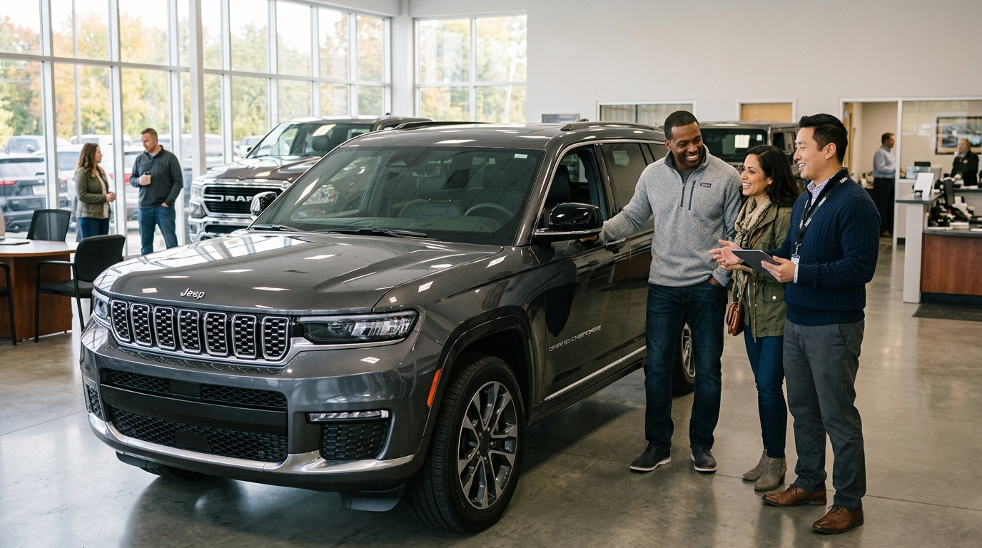 A couple smiling while talking to a car salesperson next to a dark gray Jeep Grand Cherokee in a dealership. (Representative image for illustration purposes only. Actual vehicle may vary based on trim and configuration.)