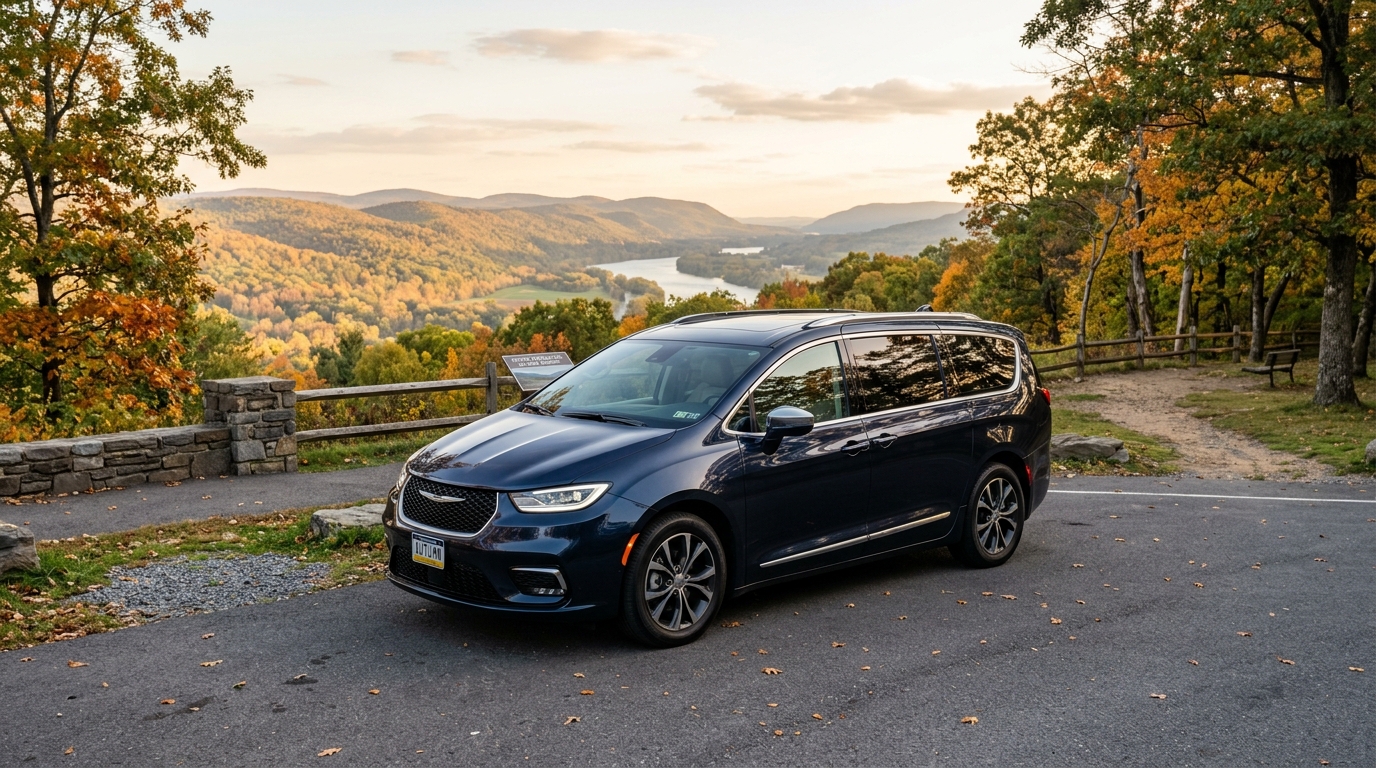 Dark blue Chrysler Pacifica parked at a scenic mountain overlook during autumn with a river valley in the background. (Representative image for illustration purposes only. Actual vehicle may vary based on trim and configuration.)