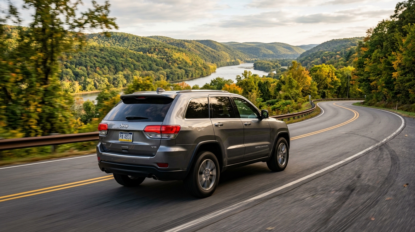Silver Jeep Grand Cherokee driving along a scenic winding highway beside a river and forested hills. (Representative image for illustration purposes only. Actual vehicle may vary based on trim and configuration.)