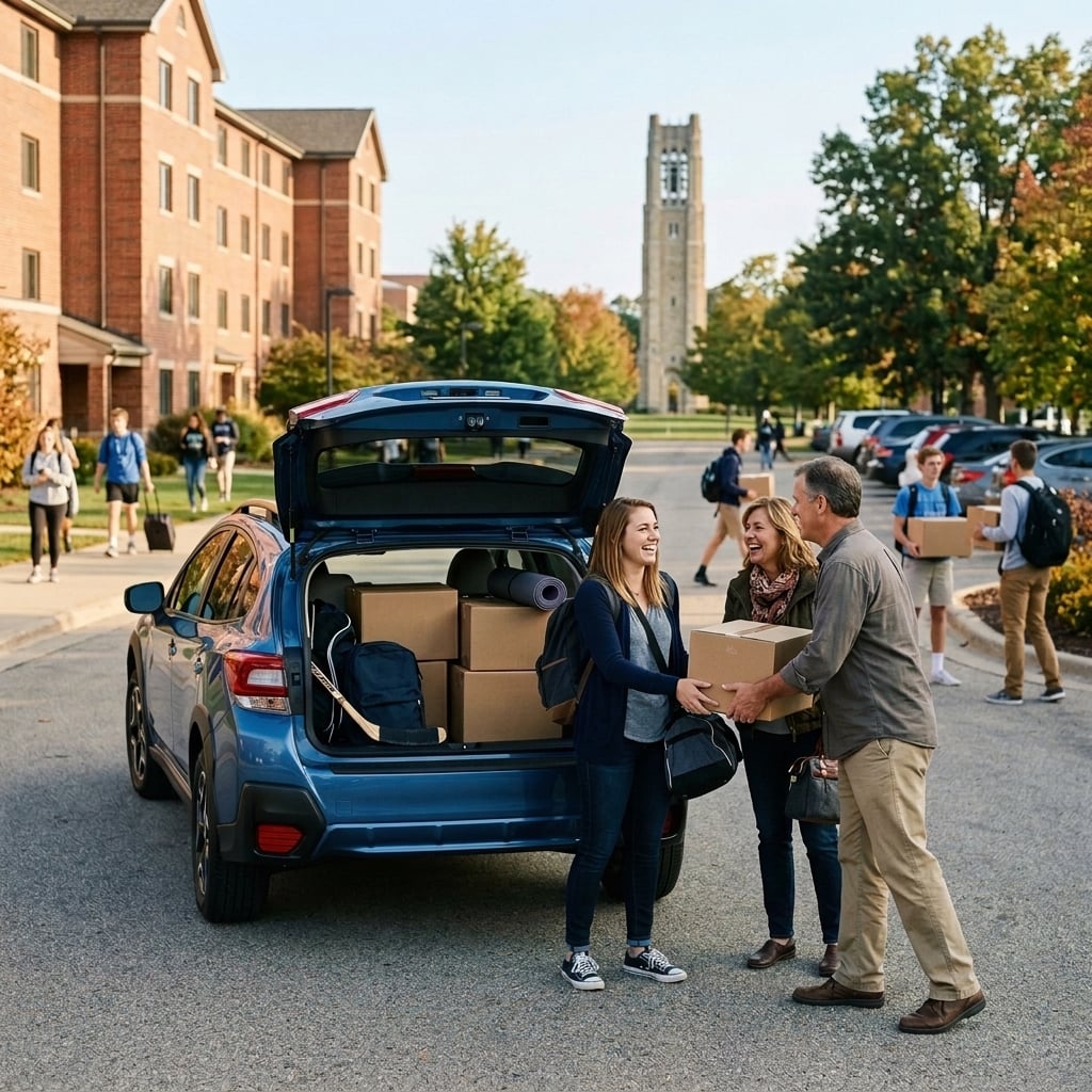 Photorealistic back-to-school scene outside a college residence hall inspired by Grand Valley State University's Allendale campus in West Michigan. A college student and their parents unload dorm boxes, a backpack, and sports gear from the open cargo area of a blue Subaru Crosstrek. The Cook Carillo
