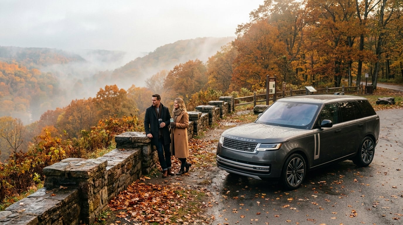 Wide shot photography of a sophisticated couple standing near a scenic overlook in a suburban Pennsylvania park, enjoying a misty autumn morning, soft diffused lighting filtering through foggy air, vibrant fall foliage with rich amber, rust orange, and deep golden leaves on rolling hills in the back