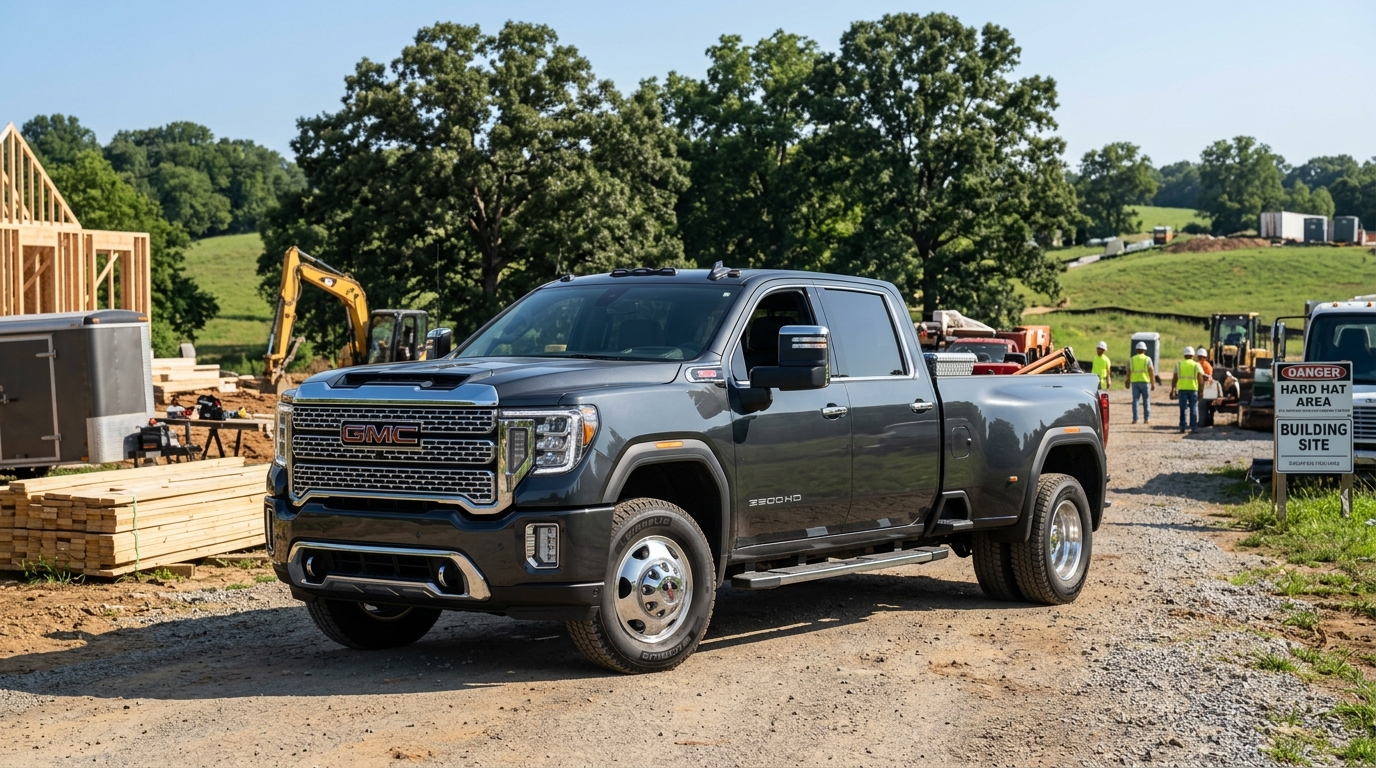 Dark grey GMC Sierra 3500HD dually pickup truck parked on a gravel driveway at a residential construction site. (Representative image for illustration purposes only. Actual vehicle may vary based on trim and configuration.)