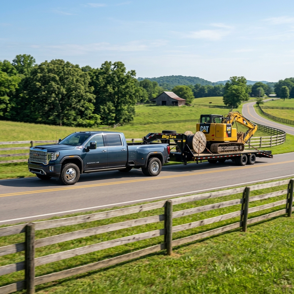 Blue GMC Sierra HD dually pickup truck towing a gooseneck trailer loaded with a CAT excavator on a country road. (Representative image for illustration purposes only. Actual vehicle may vary based on trim and configuration.)