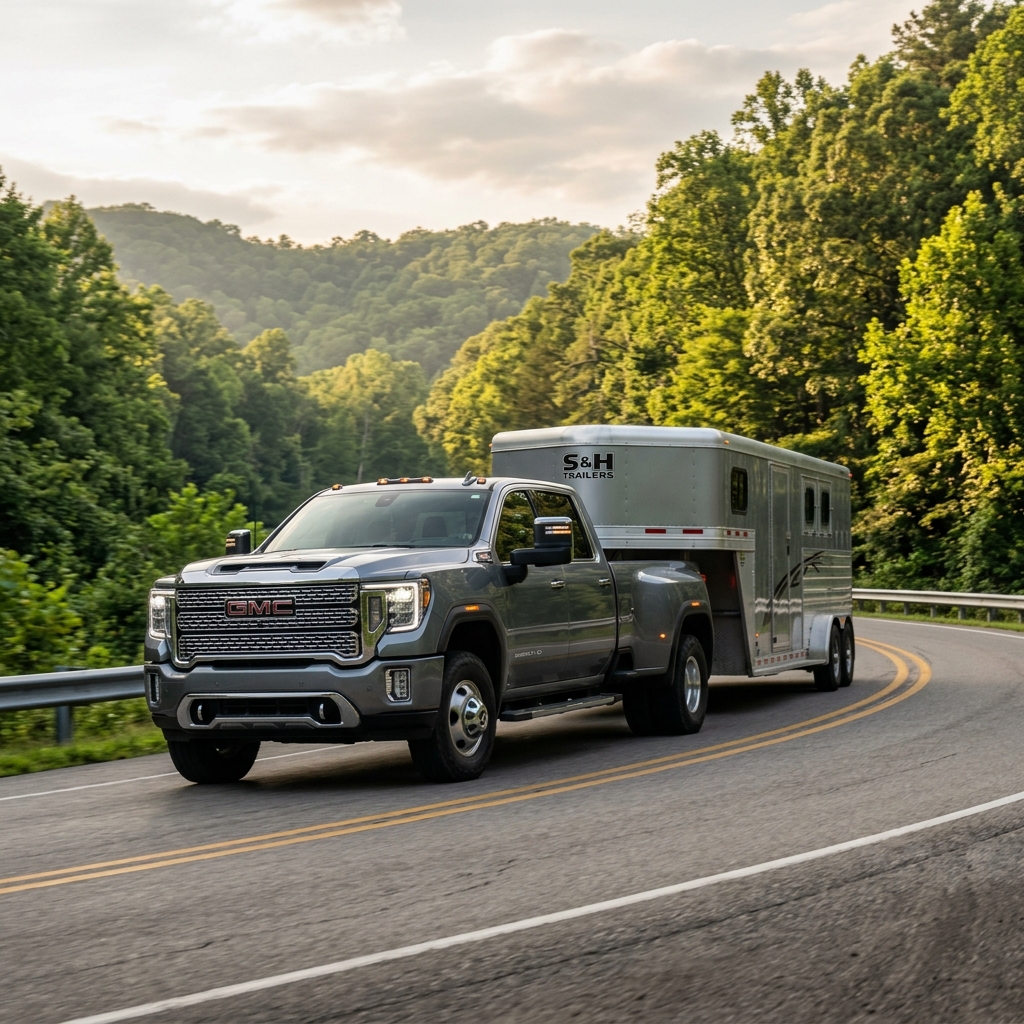 Silver GMC Sierra heavy-duty dually pickup truck towing an S&H horse trailer on a winding mountain road. (Representative image for illustration purposes only. Actual vehicle may vary based on trim and configuration.)