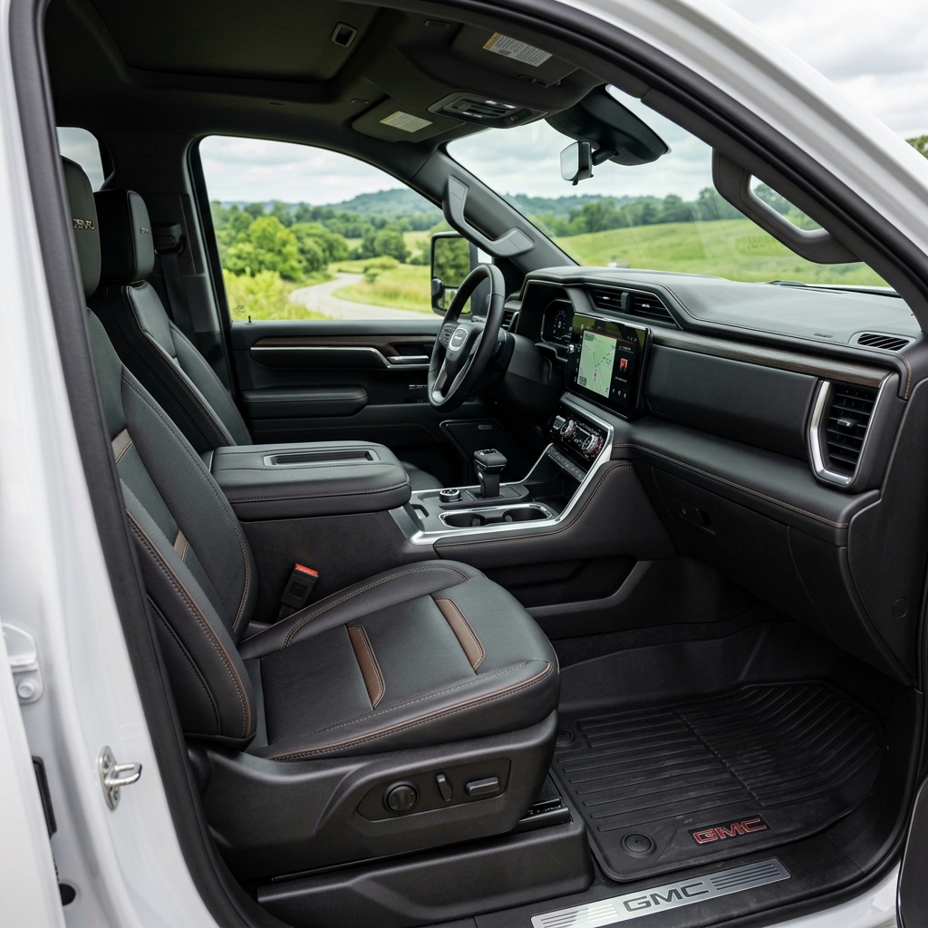 Interior view of a white GMC truck showing black leather front seats, dashboard, infotainment screen, and floor mats. (Representative image for illustration purposes only. Actual vehicle may vary based on trim and configuration.)