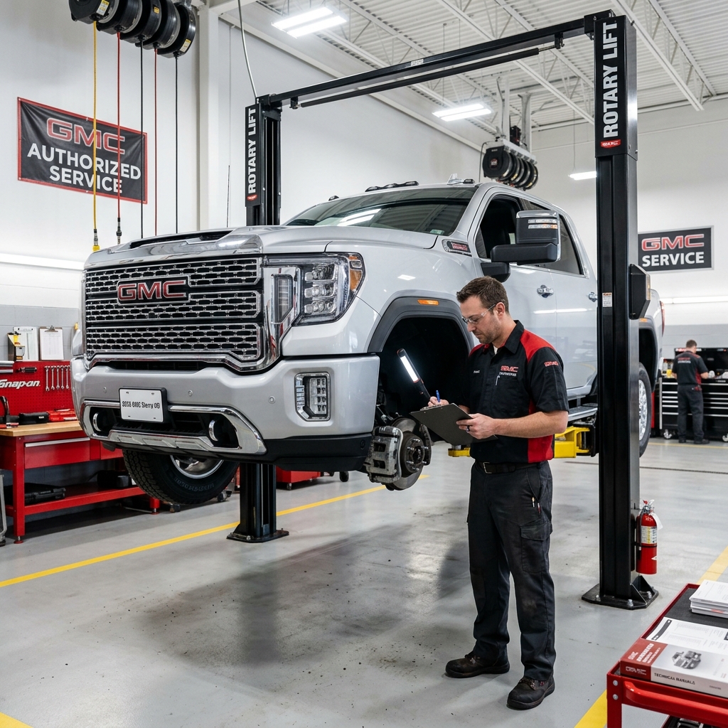 GMC service technician holding a clipboard and flashlight while inspecting a silver truck raised on a hydraulic lift. (Representative image for illustration purposes only. Actual vehicle may vary based on trim and configuration.)