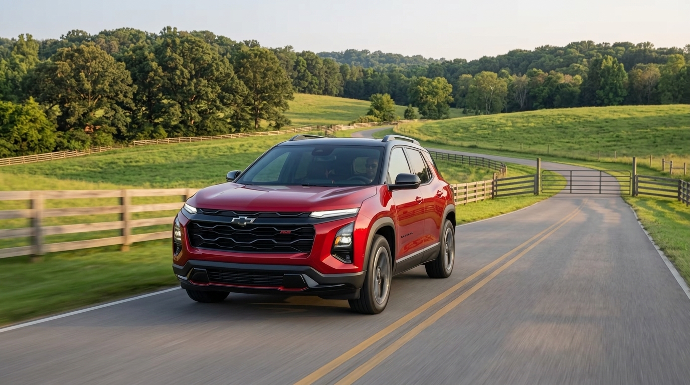A red Chevrolet SUV drives along a paved two-lane country road bordered by wooden fences and rolling green hills. (Representative image for illustration purposes only. Actual vehicle may vary based on trim and configuration.)