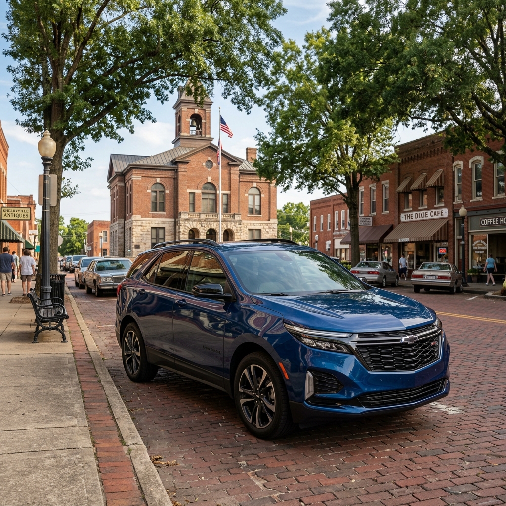 A blue Chevrolet Equinox parked on a brick street in front of a historic brick courthouse in a small town square. (Representative image for illustration purposes only. Actual vehicle may vary based on trim and configuration.)