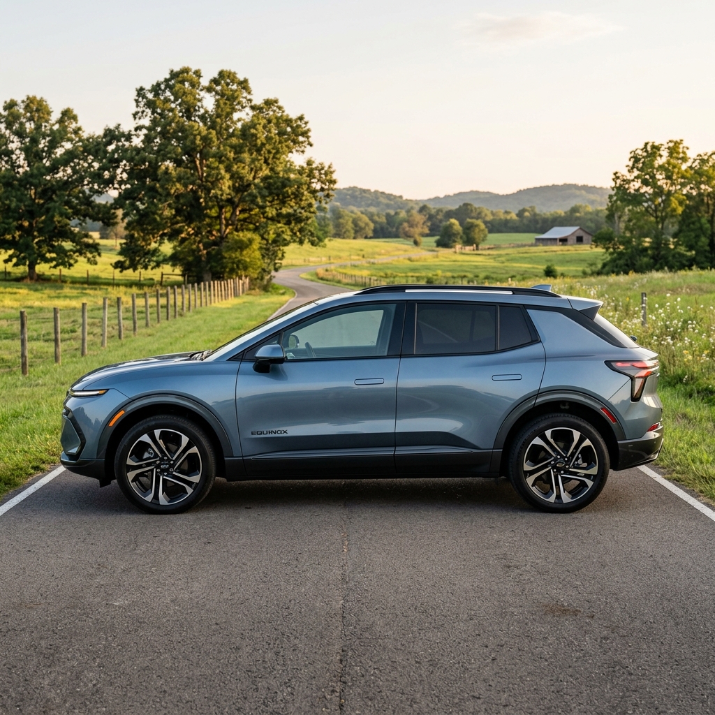 Side profile of a light blue Chevrolet Equinox EV parked on a paved country road. (Representative image for illustration purposes only. Actual vehicle may vary based on trim and configuration.)