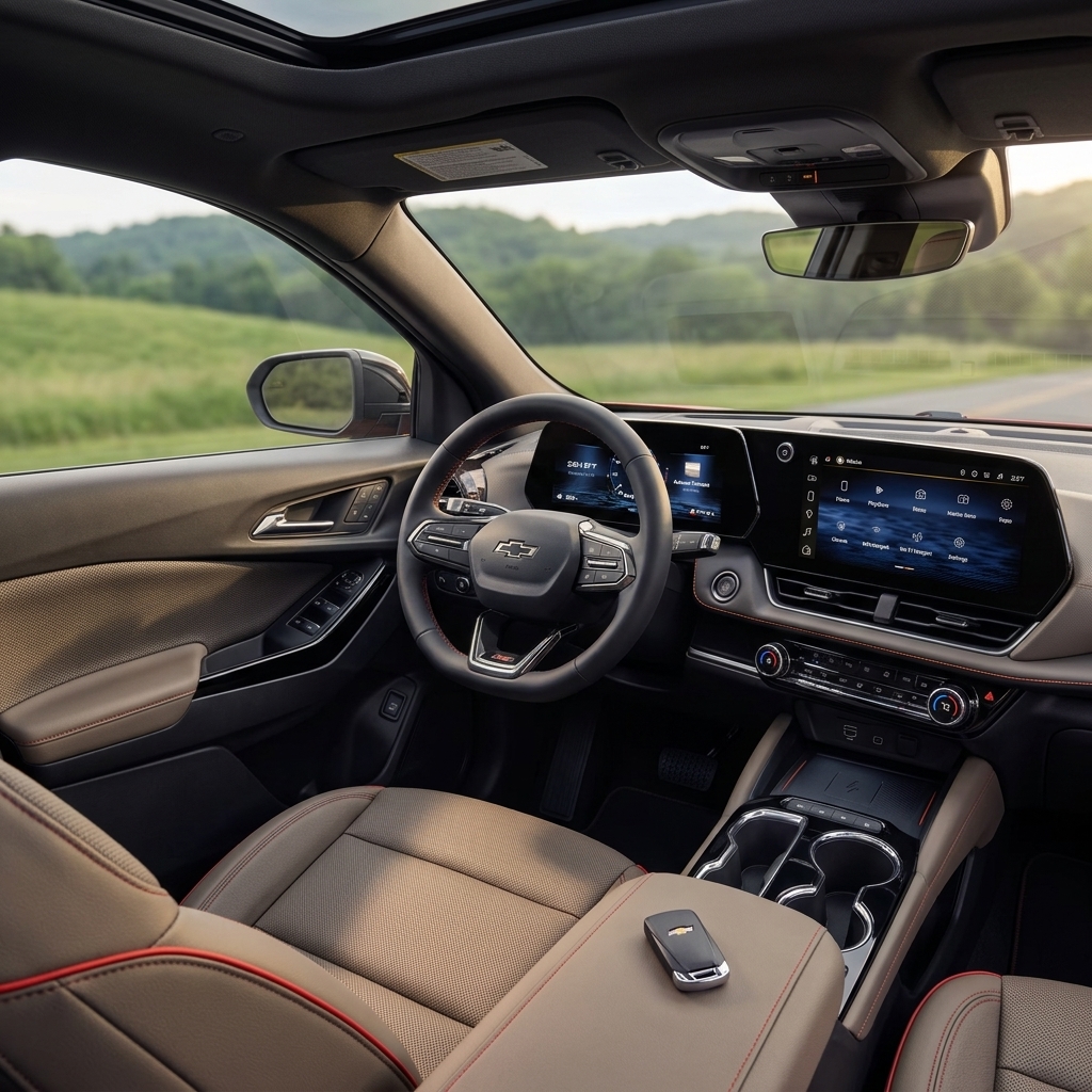 Interior view of a Chevrolet vehicle with tan leather seats, red trim, dual digital screens, and a key fob on the armrest. (Representative image for illustration purposes only. Actual vehicle may vary based on trim and configuration.)