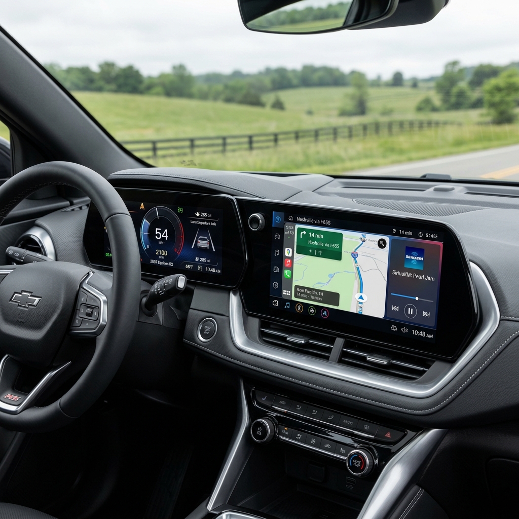 Chevrolet Equinox RS dashboard featuring a digital instrument cluster and large touchscreen navigation display. (Representative image for illustration purposes only. Actual vehicle may vary based on trim and configuration.)