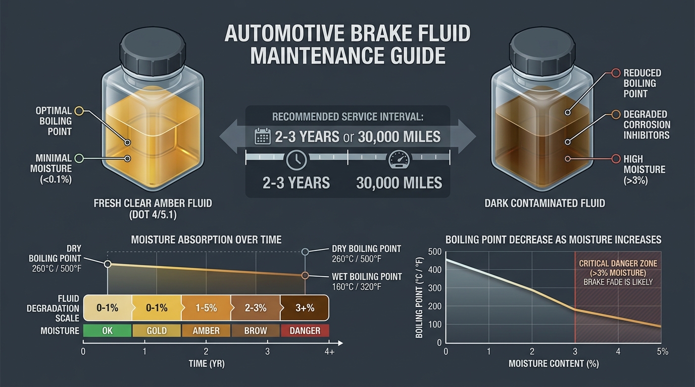 Automotive brake fluid maintenance diagram comparing fresh fluid to dark contaminated fluid and showing boiling point graphs. (Representative image for illustration purposes only. Actual vehicle may vary based on trim and configuration.)