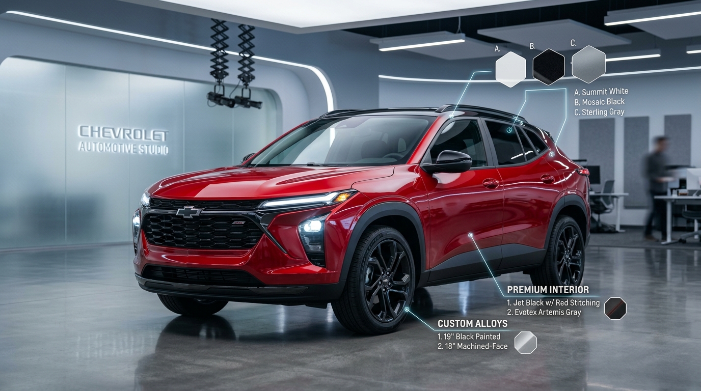 Red Chevrolet SUV displayed in a design studio with graphic overlays for exterior colors, alloys, and interior options. (Representative image for illustration purposes only. Actual vehicle may vary based on trim and configuration.)