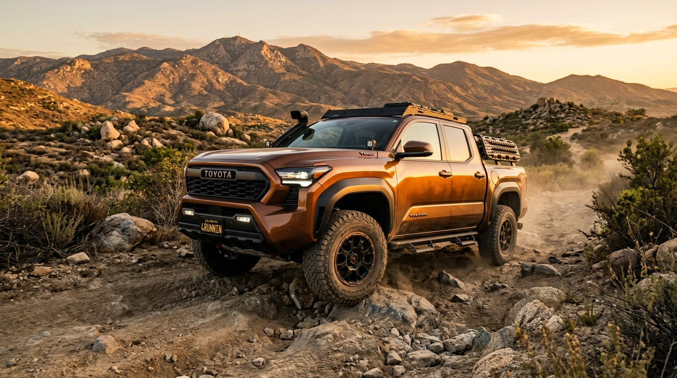 A modern Toyota Tacoma Trailhunter in a metallic Bronze Oxide finish navigating a rugged, dusty trail in the arid foothills near Corona, California, low-angle wide shot, aggressive all-terrain tires gripping rocky terrain, high-clearance suspension flexing over uneven ground, distant sun-scorched mountains, sparse coastal sage scrub, scattered boulders under a clear sky, dramatic golden hour sunlight, warm highlights on the truck’s aerodynamic body, soft dust cloud trailing behind the rear wheels, professional automotive photography, sharp details, cinematic composition, vibrant natural colors, highly detailed textures of metallic paint and weathered rock, realistic lighting, 8k resolution.